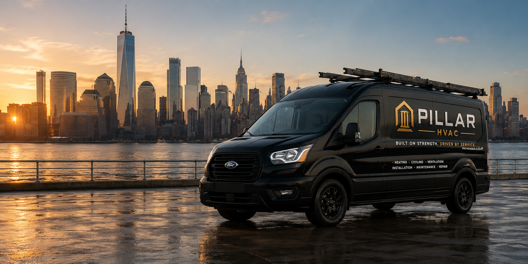 Pillar HVAC branded service van with NYC skyline